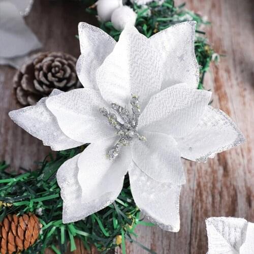 10Pcs/lot Glitter Artificial Flowers For Christmas Tree Decoration Poinsettia Christmas Ornaments Home Wedding Xmas Party Decor