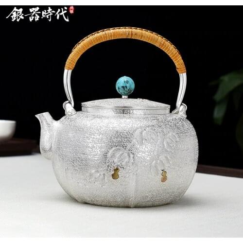 Ag999 Sterling Silver Teapot Hand-Carved Kitchen Utensils Handmade Coffee Tea Pot