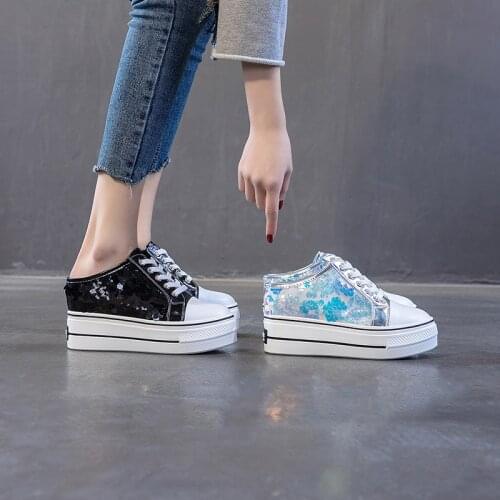Designers Women High Platform Slippers Woman 9cm Wedges Shoes Ladies Outside sequins Casual White Chunky Sneakers 2021 Summer