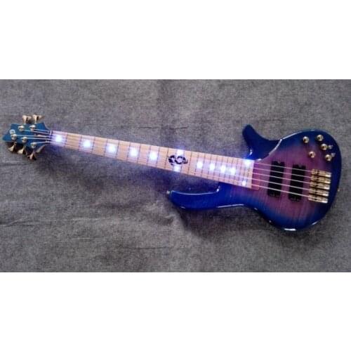 Shelly New Store Factory Custom Purple Flame Alder Body LED Maple Fingerboard 5 Strings Gold Split Tremolo Electric Bass Guitar