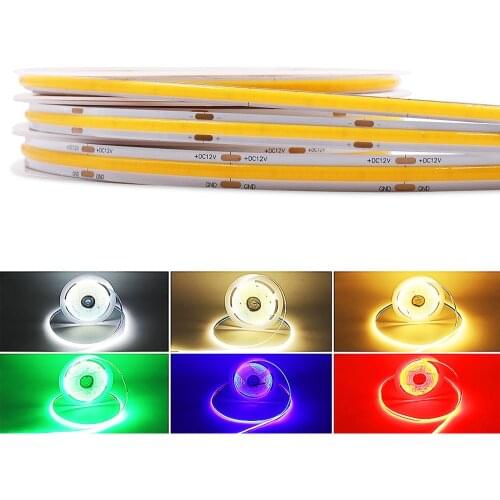 5M Roll Warm Day Cold White Blue Green Pink Yellow Red Flexible COB Strip LED Bar Light 12V 24V FCOB Tape 5mm 8mm 10mm Width