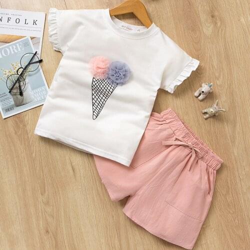 Summer Girls Clothes Ice cream Print White T-shirt Pink Shorts Two Piece Kids Suits for 3 4 5 6 7 Year Toddler Children