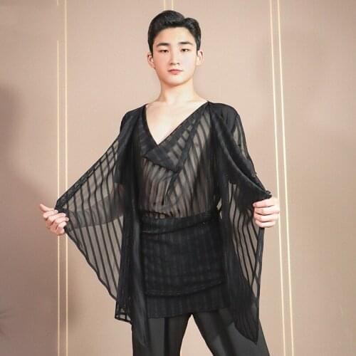 Mens Latin Dance Tops Summer Perspective Striped Dance Costume Ballroom Dance Competition Shirts Latin Performance Tops VDB3596