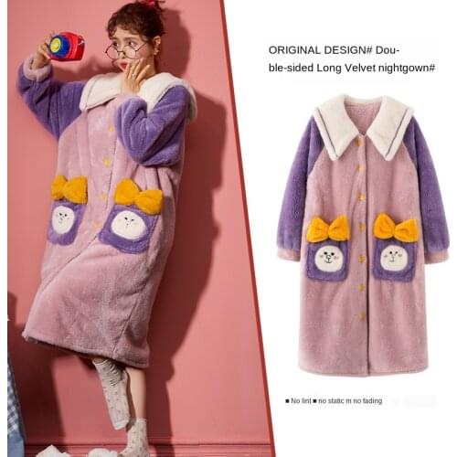 Nightgown Female Winter Coral Flannel Bathrobe Cartoon Lovely Warm Nightgown Household Womens Wear Flannel Bathrobe