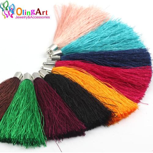 OlingArt 75mm 6pcs silver cap color mixing polyester silk tassels DIY Necklace Earrings Jewelry with keychain Charm Pendant