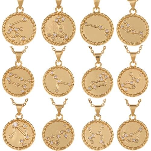 New 12 Constellation Zircon Disc Pendant Necklaces Aries Leo Gemini Star Zodiac Sign Choker Unisex Birthday Jewelry Gifts