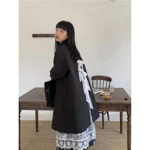 Women Black Long Coat Korean Sweet Spring Autumn Trench Turn-down Collar Full Bow Wide-waisted Trench Coat for Women Small Fresh