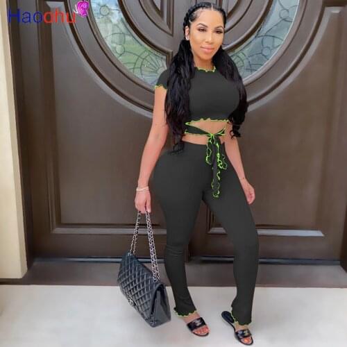HAOOHU Sexy Two Piece Set Women Tracksuit New Summer Clothes Lace Up Crop Top Pants Club Birthday Outfits Bodycon Matching Sets