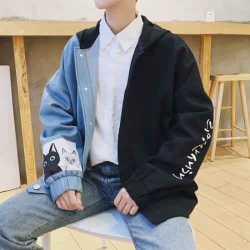 Chic Mens Patchwork Jacket Cartoon Cats Pattern Hooded College Style Coat Loose Single Breasted Jackets d8