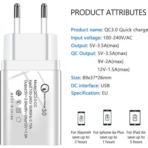 US EU Quick Charge QC3.0 QC USB Fast Charging Charger With Type C Micro Usb Cable For Samsung Xiaomi Wall Mobile Phone Charger