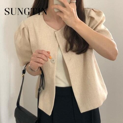 Sungtin Vintage Summer Cropped Cardigan Women Korean Elegant Short Sleeve Coats Loose O Neck Solid Outwear 2021 New Fashion