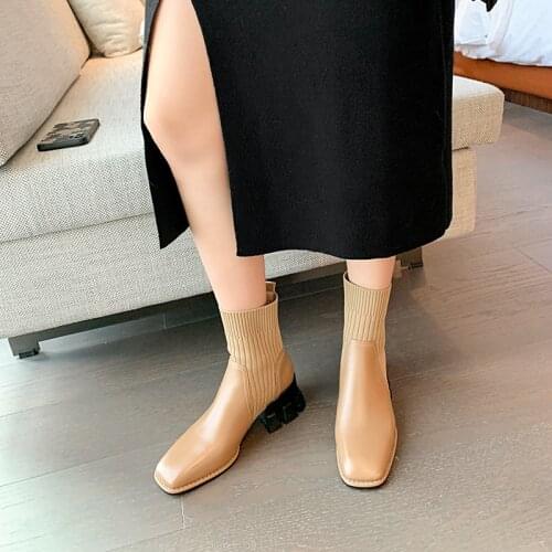 2021 Winter Women Boots Square Toe Chunky Heel Ankle Boots Modern Boots Stretch Retro Women Shoes 5cm heels
