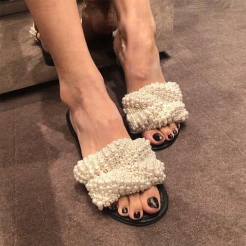 Sexy Pearl Bead Slipper Woman Low High Heels Sandals Women Fashion Casual Shoes Women Sandalia Feminina zapatos mujer 2020