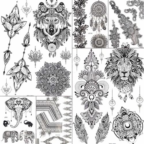 Black Women Forest Boho Wolf Lion Totem Tattoos Stickers Girls Henna Mandala Floral Fake Tatto Temporary Lotus Custom Arm Tattoo