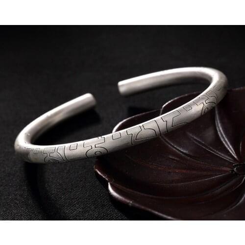 Six character mantra diamond pestle open Bracelet female solid round stick retro pure silver bracelet Jewelry Gift
