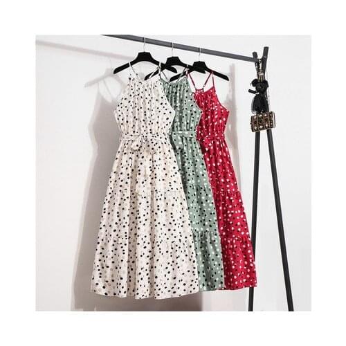 Polka Dot Holiday Style Big Swing Dress Womans Elegant Party Thin Suspender Strap A-line Suspender Dresses Vetement Femme 2021