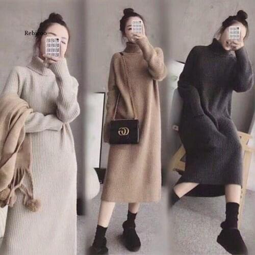 Elegant sweater dresses for wome turtleneck long sleeve solid loose thicken fashion basic autumn winter knitted dress