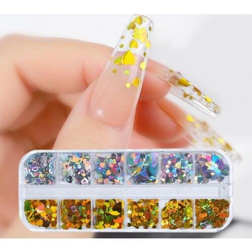 12Grid/Set Holographic Nail Glitter Sequins Gold and Silver Heart-shaped Letters Laser Nail Patch Design Art Decoration Supplies