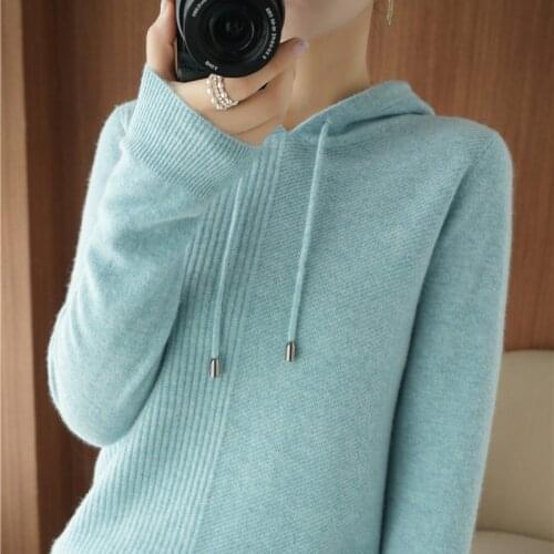 20 Autumn and winter new hooded cashmere sweater women loose 100% pure wool sweater pure color knitted home pullover Fashion