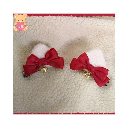 2021 Handmade Cute New Years Day New Year Red Bow Cat Ear Hairpin Pair Clip Bell Girl Lolita Hair Accessory Decoration