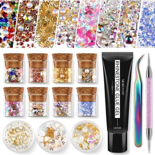 35+Types Nail Rhinestone Kit with Nail Rhinestone Glue Dotting Pen Tweezer for Nail Art Decoration,Metal Rivet Strip Shell Stone
