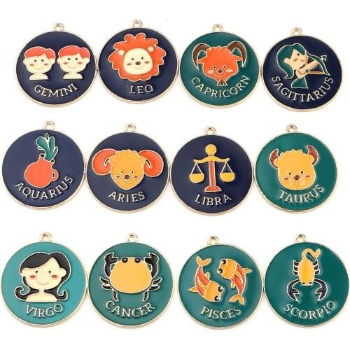 5 PCs Zinc Based Alloy Pendants Enamel Round Zodiac Constellations Charms Gold Color Dark Blue Sagittarius 30mm x 27mm