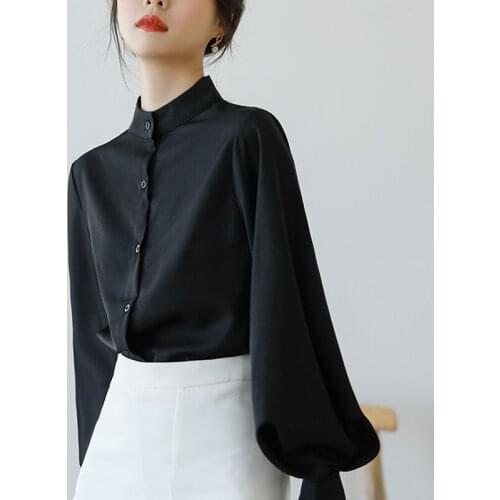 Deeptown Elegant Lantern Sleeve Shirt Women Vintage Button Up Blouses Office Ladies Korean 2021 Fashion Solid Female Tops Retro