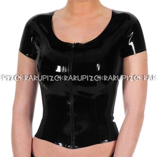 Black Short Sleeves Mini Sexy Short Latex Crop Top With Zipper At Front Rubber Shirt Clothing YF-0189