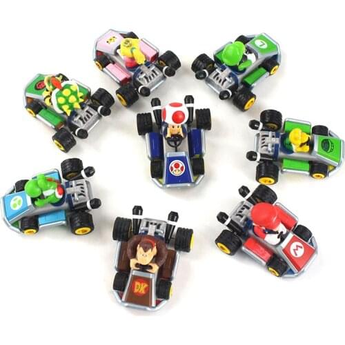 4-5cm 8pcs/Lot Super Mario Bros Luigi Princess Peach Bowser Toad Donkey Kong Yoshi Koopa Pull Back Cars PVC Action Figures Toys