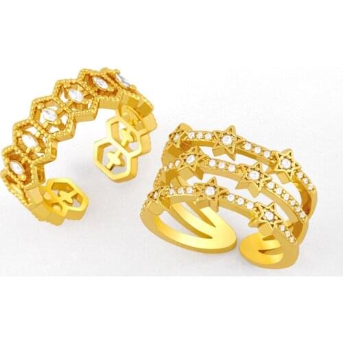 FLOLA Gold plated Three Layers Star Open Cuff Rings Adjustable CZ Crystal Finger Ring Stackable Wholesale Jewelry Gifts rigk39