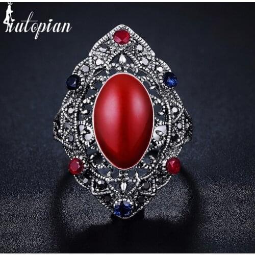 Iutopian Brand New Arrival Vintage Jewelry Antique Ring with Black/Green/ Red Color Stone Anti Allergy for Women #R4024red