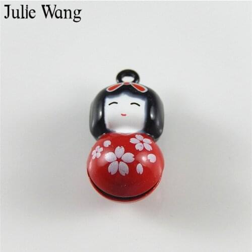 Julie Wang 5pcs Cute Alloy Red Enamel Japanese Doll Bell Charm For Jewelry Making Necklace Pendant Findings Metal Accessories