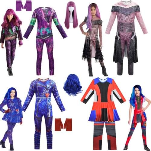 Girls Anilnc Descendants 3 Evie cosplay costumes with Wig + gloves children Carnival party Jumpsuits halloween costume for kids