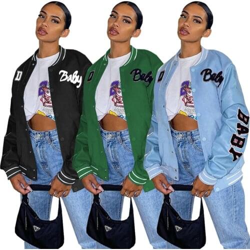 Letter Printed Button Up Jacket Long Sleeve Casual Streetwear Autumn Winter Clothes Women Fashion Bomber Coats 2021 Outerwear