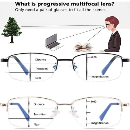 Multifocal Progressive Reading Glasses for Men Women Anti Blue Ray Anti-fatigue Presbyopia Magnifying Half Frame Readers 1.0to4
