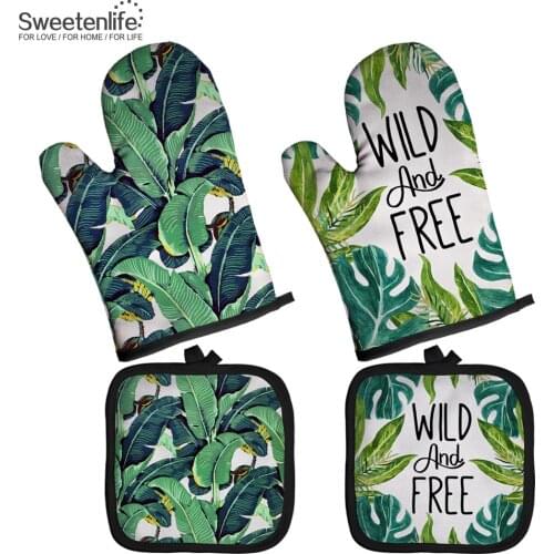 Customize Oven Mitts Baking Plant Pattern Kitchen Microwave Gloves Polyester Insulation and Anti-scalding Gloves Potholder Mat