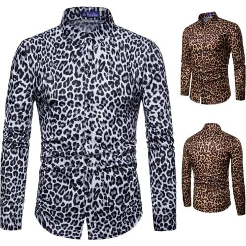 Mens Sexy Leopard Print Shirt Fashion Nightclub Party Prom Men Shirt Slim Long Sleeve Hawaiian Shirts