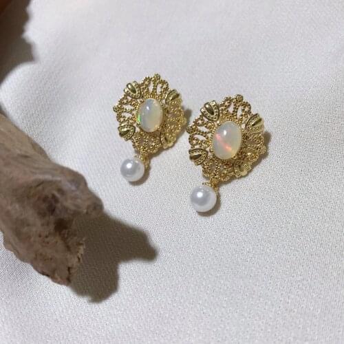 S925 silvern Cultured Seawater Pearls Drop-Earrings with Opal,Handpicked real pearls women Earring for Jewelry Accessories gift