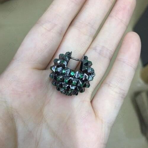 SLJELY High Quality Solid 925 Sterling Silver Black Spike Sphere Mono Earring Green Zircon Hedgehog Ball Earring for Women 1pc