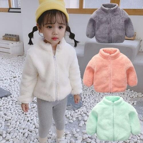 Warm Coat Winter New Sweet Girls Plush Infant Baby Boy Girl Winter Autumn Fashion Pure Color Zipper Wool Children Clothes Coat