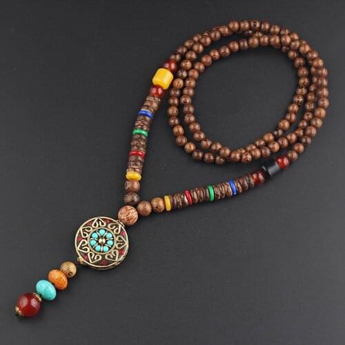 Unisex Vintage Ethnic Wood Beads Pendant Necklaces For Women Men Lotus Buddha Statue Sweater Chain