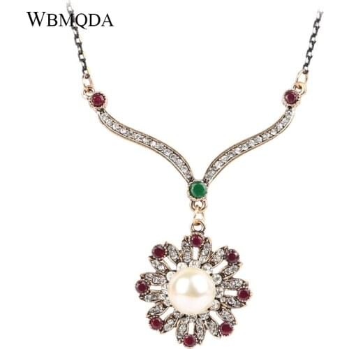 Wbmqda Luxury Pearl Necklace For Women Antique Gold Color Vintage Jewelry White Crystal Pendants Female Christmas Gift