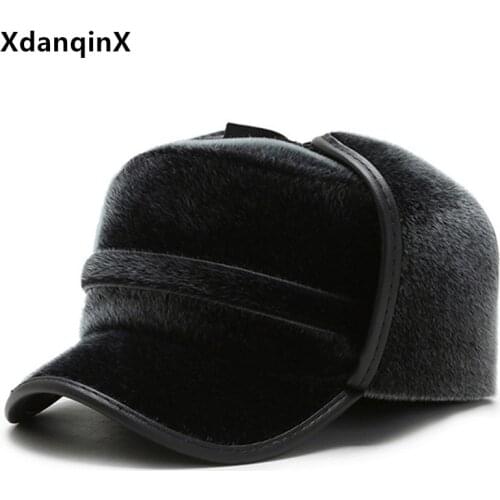 XdanqinX Winter Middle-aged Elderly Warm Hat Thick Thermal Bomber Hats Men Plus Velvet Ear Protection Flat Cap New Earmuffs Hat
