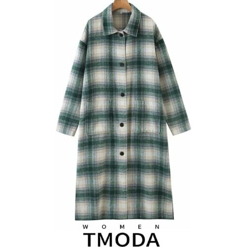 TMODA1903 Za 2021 Autumn Winter Women Elegant Green Plaid Jacket Wool Blends Warm Single Breasted Vintage Loose Coat Streetwear