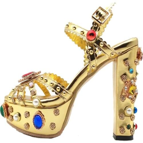 Baroque Womens Sandals 2021 New Summer Golden Jewel Wedding Shoes Sexy Rhinestone Platform High Thick heel Hollow out Big Size