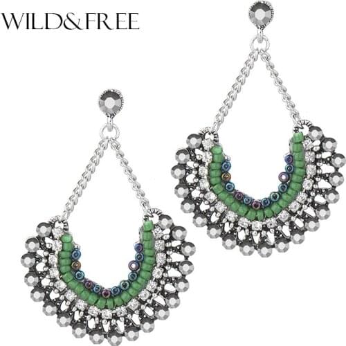 Wild&Free Vintage Ethnic Full Bead Sector Drop Earrings Blue&Green Resin Pendants Long Bohemia Dangle Earrings Jewelry Brincos