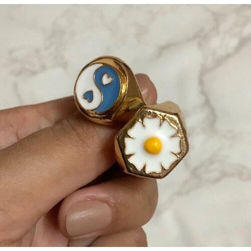 Korean Cute Enamel Daisy Rings For Women Y2K Heart Butterfly Tai Chi Ring 2021 Trendy Aesthetic Jewerly Couple Gift bague femme