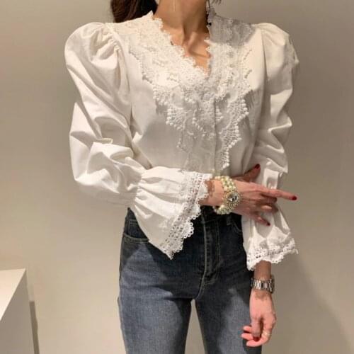 Elegant V-neck Lace Patchwork Women Blouses Single-breasted Flare Sleeve Office Ladies Blusas 2020 Spring Female Tops Shirts