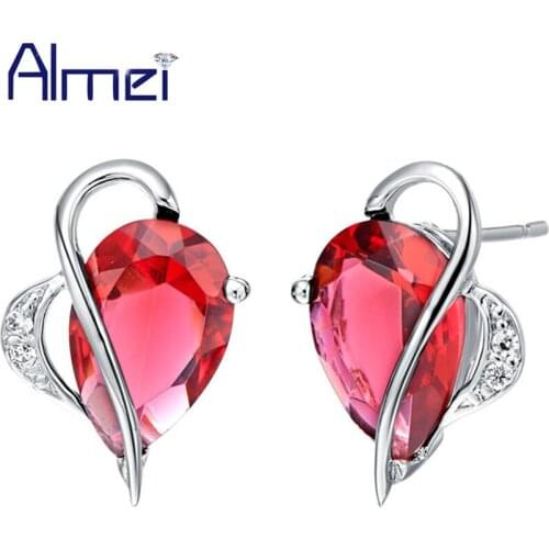 Almei Bijouterie Heart Crystal Earrings Fashion Red Purple Zircon Silver Color Jewelry Stud Earrings for Women with Stones R168