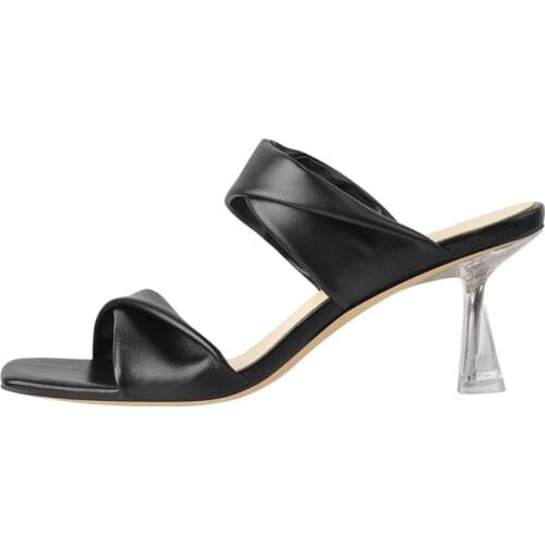 Onlymaker Womens Slip-On Square Open Toe Weave Mules Black Classic Sandals Clear Kitten Heeled Slides Female Shoes Daily Dress